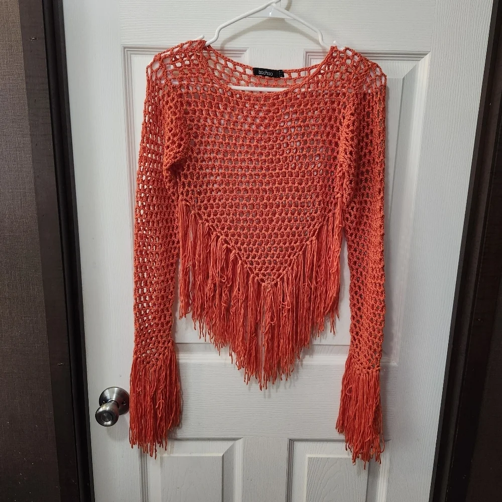 Orange Open Knit Crochet Long Sleeve Fringe Top. Sz M - Picture 2 of 6